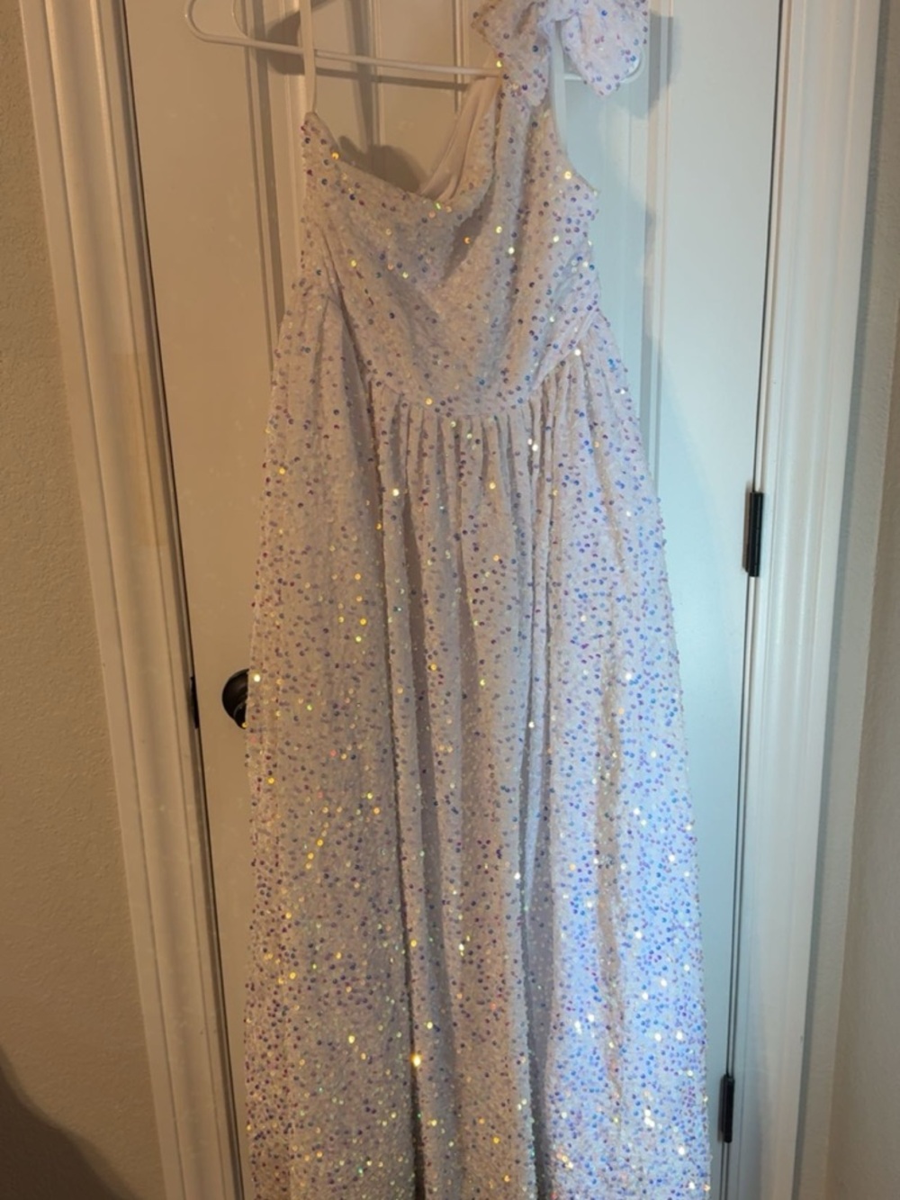 Girls White Sequin Formal Dress with Sparkle Bow